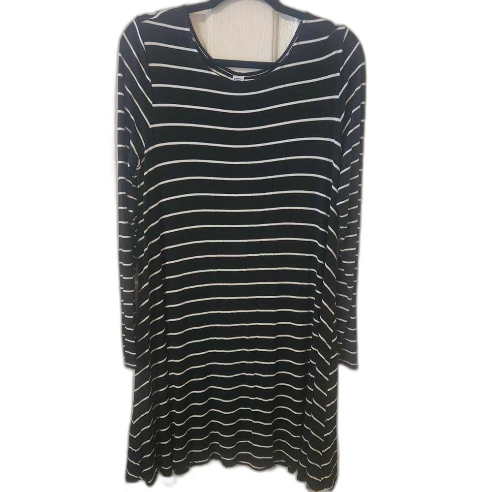 Old Navy Long Sleeve Jersey Swing Dress Black White Striped Women's L